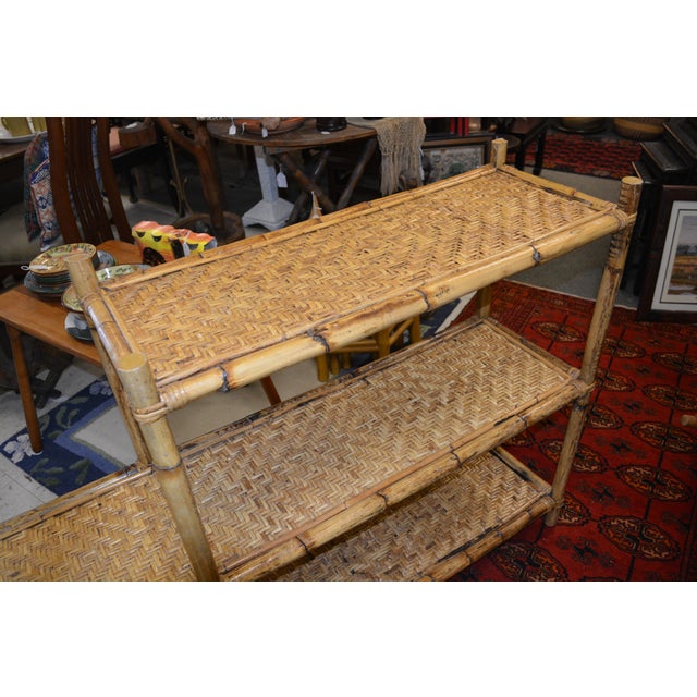 Vintage Bamboo & Woven Rattan 2 & 3 Tiered Decorative Long Shelving Shelf Unit For Sale - Image 4 of 18