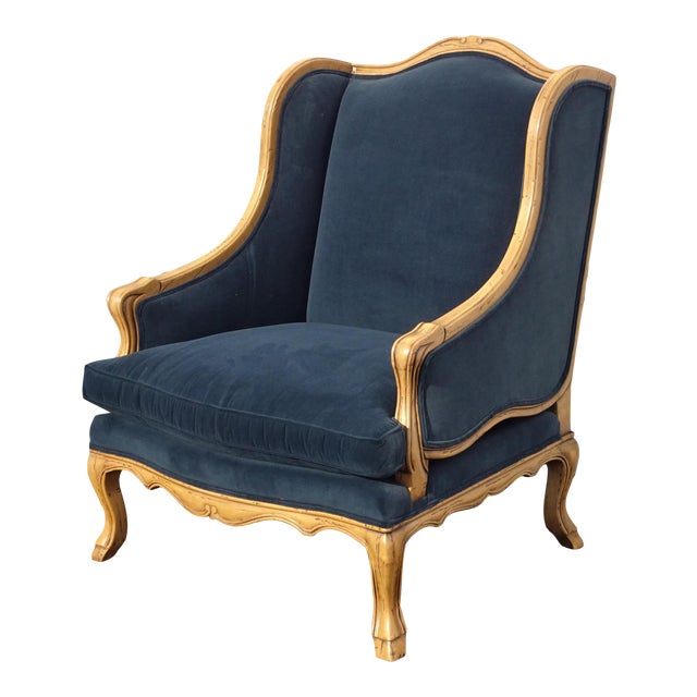 French Country Guy Chaddock Blue Velvet Coastal Bergere Wingback Chair Chairish