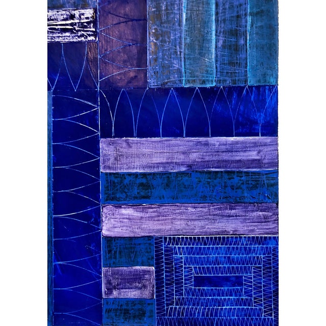 Joan Kahn, Joan Kahn Indigo Denim Blue Color Abstract Expressionist Modernist Oil Painting, c.1980's For Sale - Image 9 of 14