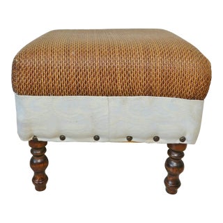 Vintage Mid Century Treated Wicker Fabric Mahogany Turned Wood Legs Brass Studded Footstool For Sale