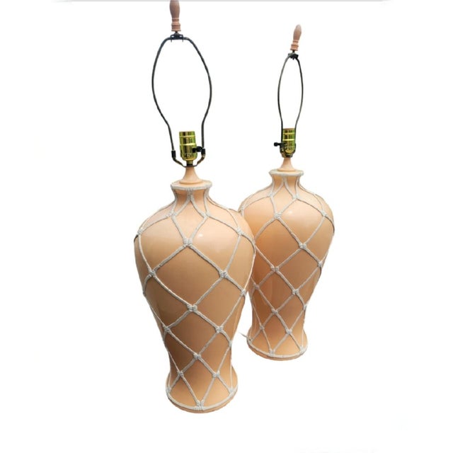 1970s Vintage Ceramic Regency Style Peach White Frosted Ginger Jar Tall Table Lamps- a Pair For Sale - Image 5 of 8