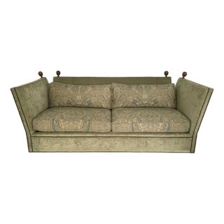 2000s Vintage Baker Furniture Co. English Traditional Knole Style Olive Green Velvet Sofa For Sale