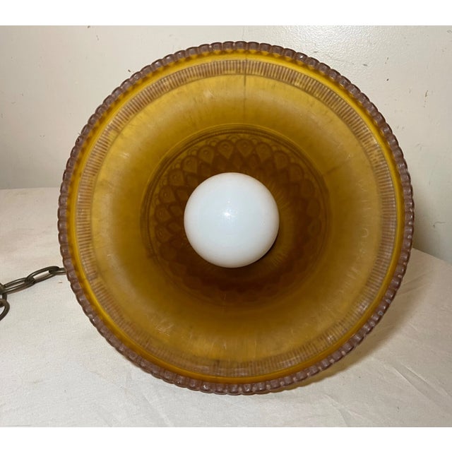 1940s Large Art Deco Cameo Amber Glass Brass Hanging Fixture Electric Chandelier For Sale - Image 9 of 10