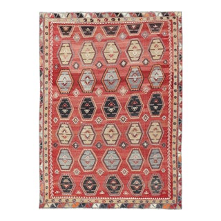 Antique Turkish Kilim Rug With Vibrant Hexagonal Motifs and Rich Red Background 8'8 X 12'2 For Sale