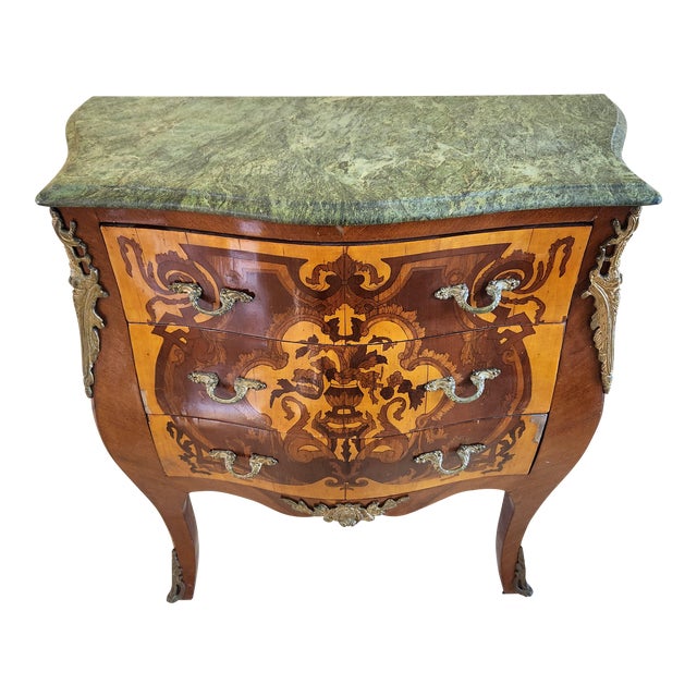 Elegant French Louis XV Style Rosewood Commode With Heavy Green Marble Top & Ormolu Mounts For Sale