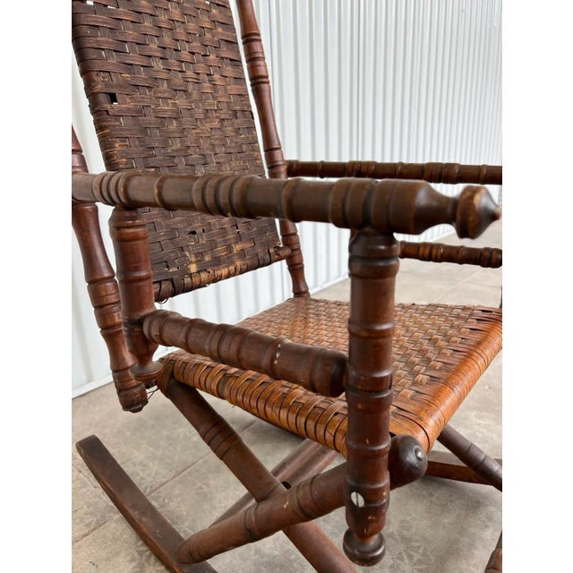 Wood Early 20th Century Antique Rustic Rocking Chair, Wooden With Woven Seat For Sale - Image 7 of 10