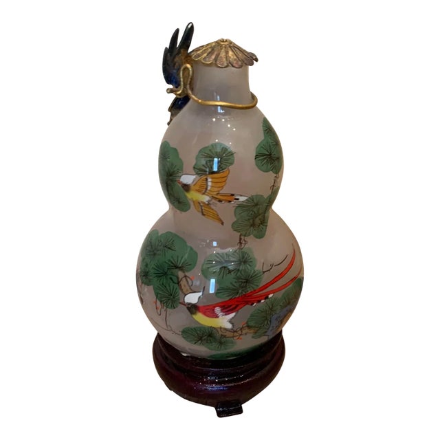 Vintage Mid 20th Century Hand Painted Chinese Bottle on Cherry Wood Stand For Sale