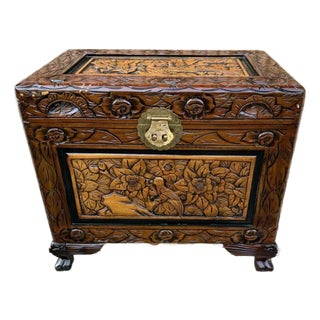Vintage Chinoiserie Style Carved Camphor Chest Trunk For Sale