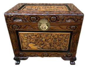 Vintage Chinoiserie Style Carved Camphor Chest Trunk