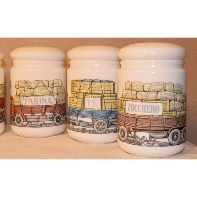 Piero Fornasetti Opaque White Glass Jars and Covers made for Fiat - Set of 6 For Sale - Image 10 of 13