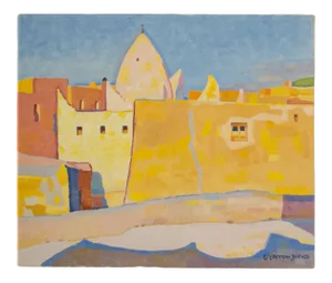 Mid 20th Century "Yellow Town" Abstract Architectural Scene Oil Painting by Ernest Yarrow-Jones