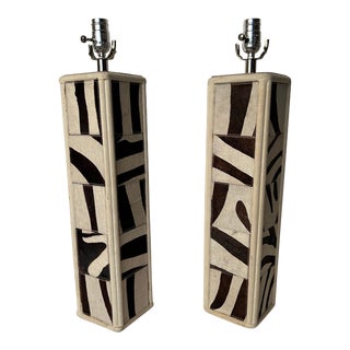 Vintage Pair of Faux Zebra Cow-Skin Table Lamps For Sale