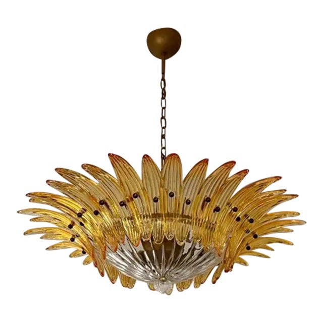 Murano Chandelier Ceiling Light Original Palmette, Amber Glasses and Transparent Glass For Sale