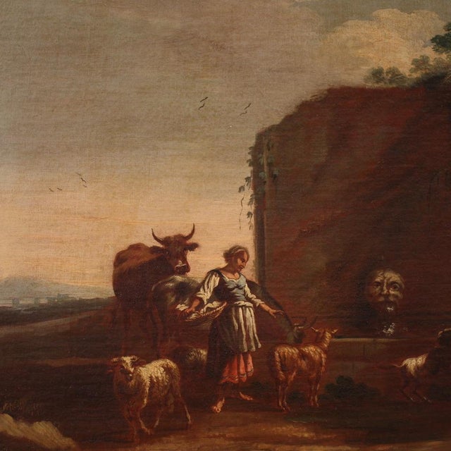 Bucolic Landscape Painting with Figures, Pastoral Scene, 1680, Oil on Canvas For Sale - Image 7 of 17