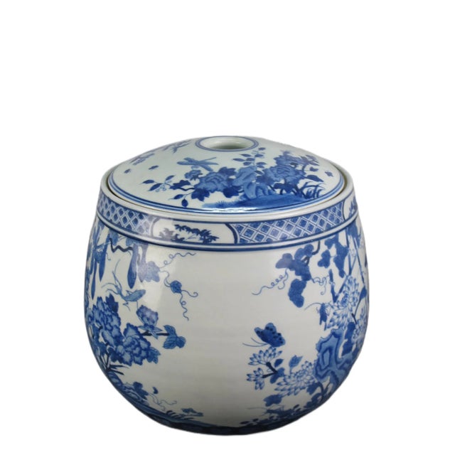 Blue & White Round Jar With Lid For Sale - Image 4 of 9