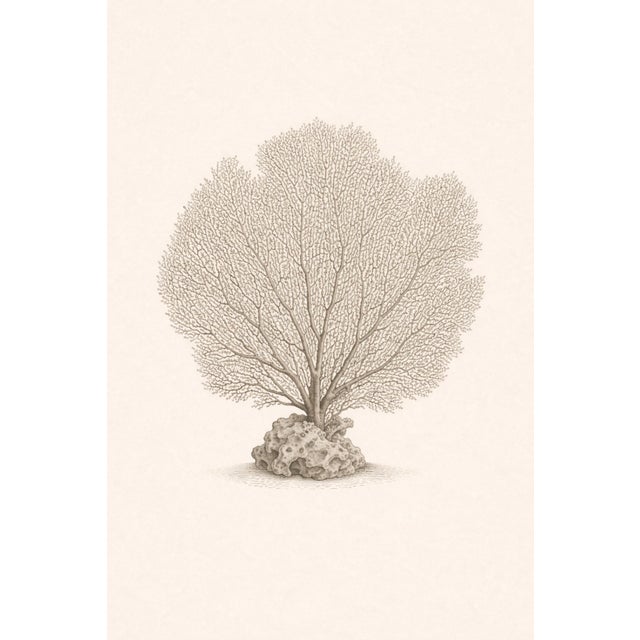 Sea Fan Coral Study, Minimal Coastal Botanical Art Print, 24" × 36" For Sale
