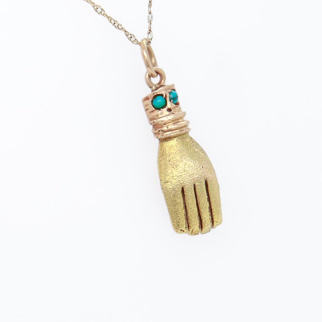 Vintage 14k Gold & Turquoise Cabochon Figural Hand Charm For Sale In Philadelphia - Image 6 of 12