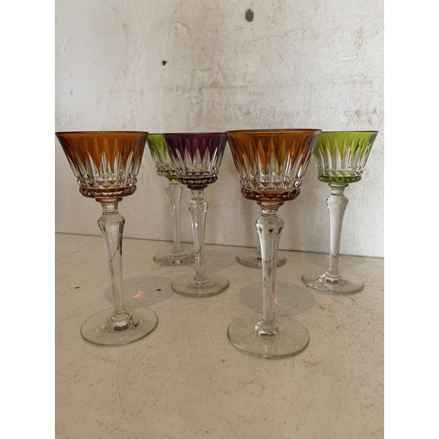 Set of six colored glasses from the House of Baccarat Glass service from the 1933 catalog, sold until 1991 Set in its...