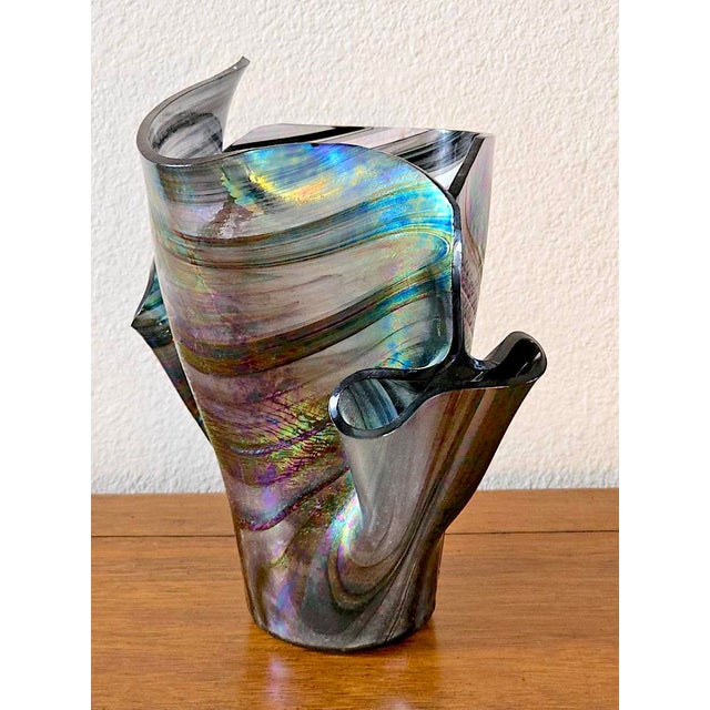 Mid-Century Modern 1990s Iridescent “Handkerchief” Art Glass Vase, Oil Slick Finish For Sale - Image 3 of 14