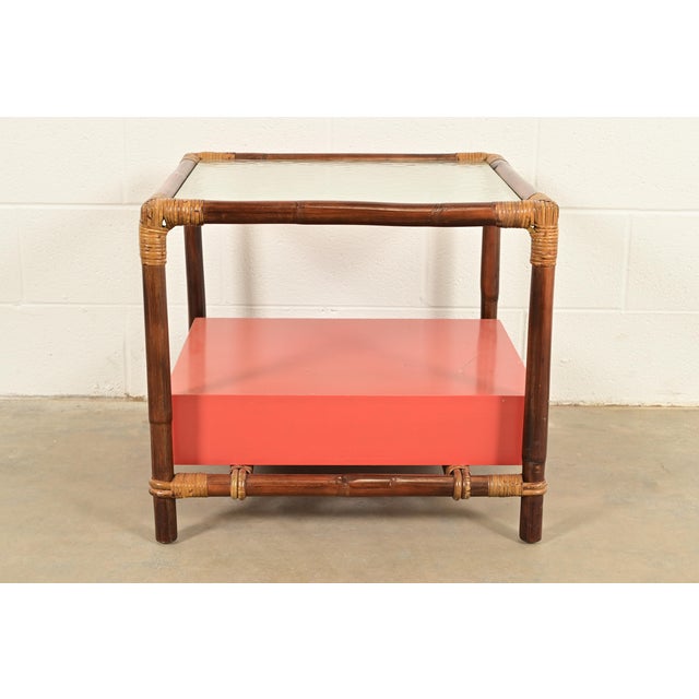 John Wisner for Ficks Reed Mid-Century Hollywood Regency Bamboo Rattan Glass Top Side Table, 1950s For Sale - Image 12 of 14