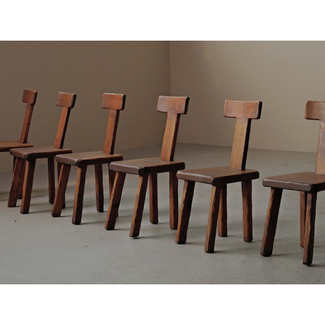 Vintage Brutalist Handcrafted Chestnut Chairs, France, 1970, Set of 6 For Sale - Image 10 of 18