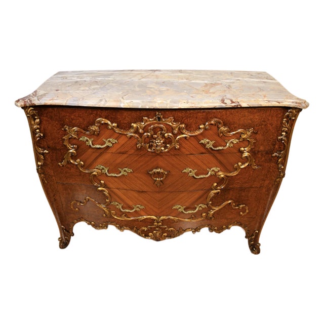1880 Antique French Louis XV Burl Walnut & Walnut Marble Top Commode / Dresser For Sale