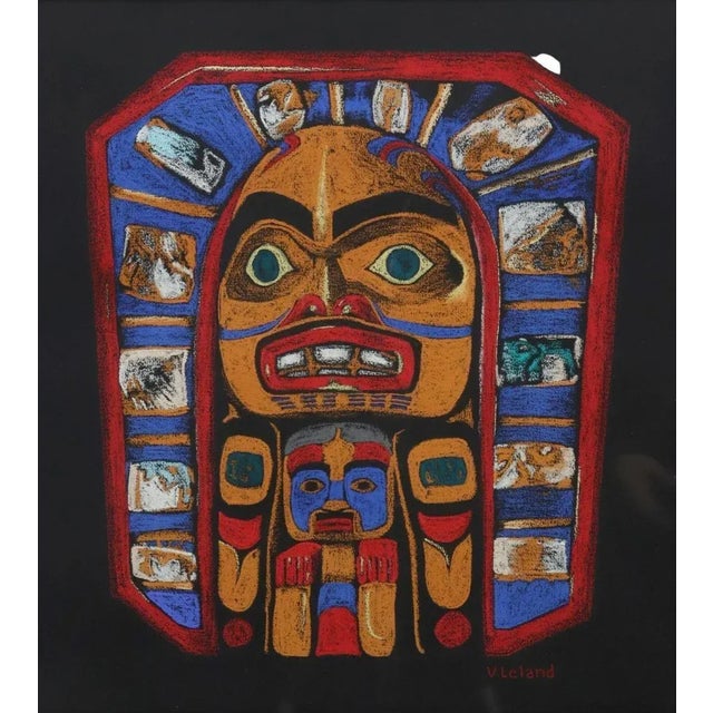 American Vintage Sun Mask Pastel by Native Northwest Coast Artist V Leland, Framed For Sale - Image 3 of 7