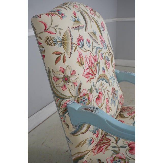 Pair of French Provincial Blue Frame Open Arm Chairs For Sale - Image 14 of 18