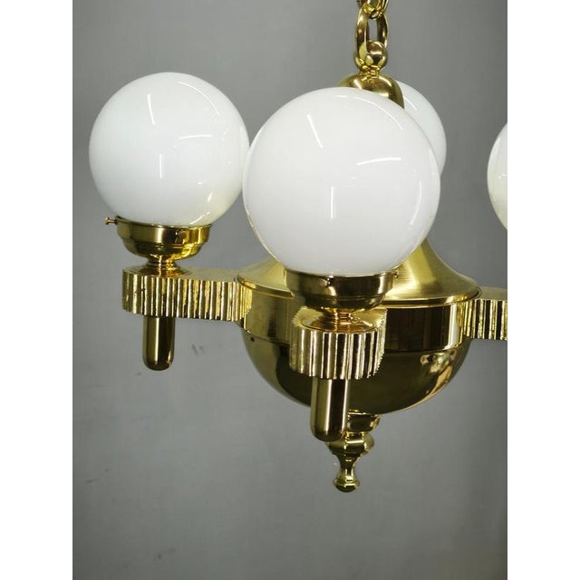 Vintage Czech Art Deco Brass and Opaline Glass Globe Pendant Light, 1920s For Sale - Image 14 of 15