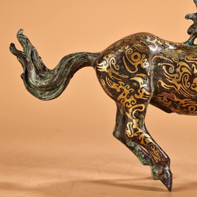 Pair of Vintage Bronze Galloping Horses – Gold Inlaid Horse Statues, 2.2 LBS For Sale - Image 10 of 10