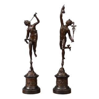 Italian Classical Victorian Bronze Statue of Nike and Mercury by Giambologna, 1880s, Set of 2 For Sale