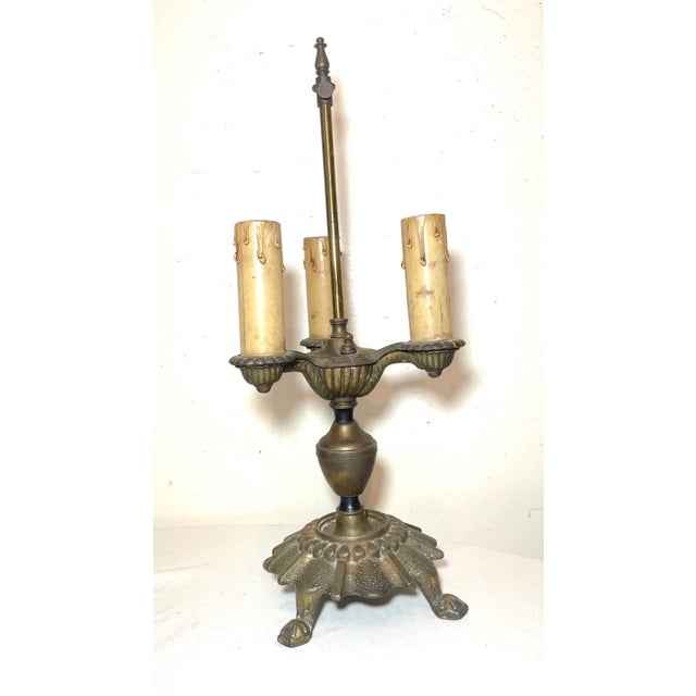 Art Deco Antique Ornate Art Deco Gold Toned Cast Iron Electric Candelabra Table Lamp For Sale - Image 3 of 9