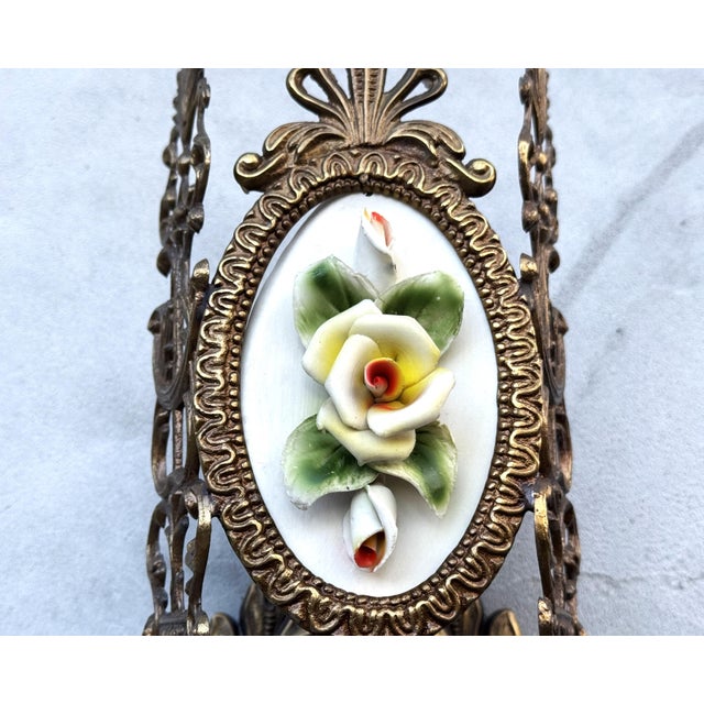 Italian Brass Wall Sconces with Porcelain Roses and Crystal Drops, 1950s, 1920s, Set of 2 For Sale - Image 16 of 16