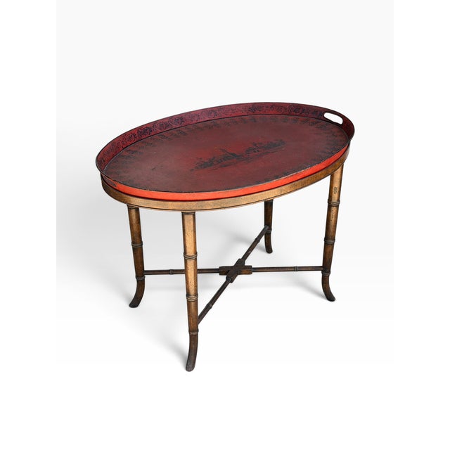 Antique Red Tole Tray Side Table on Mahogany Fan Bamboo Stand For Sale In Los Angeles - Image 6 of 7