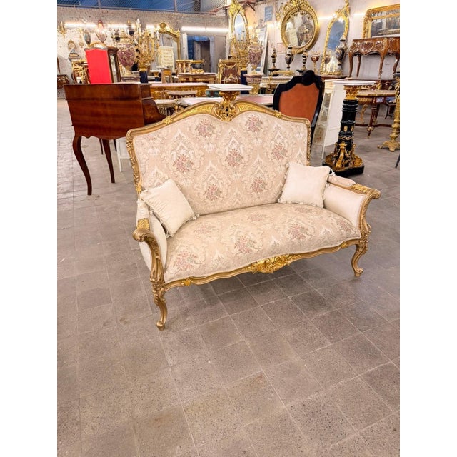 Rococo Vintage Rococo Canapa Loveseat Blush Beige Damask Upholstery For Sale - Image 3 of 8