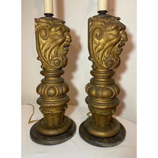 Wood Pair Antique Large Hand Carved Victorian Wood Architectural Salvage Table Lamps For Sale - Image 7 of 14