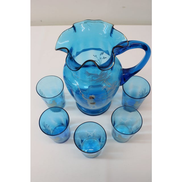 Victorian Blue Glass Pitcher W/ 5 Tumblers For Sale - Image 10 of 10