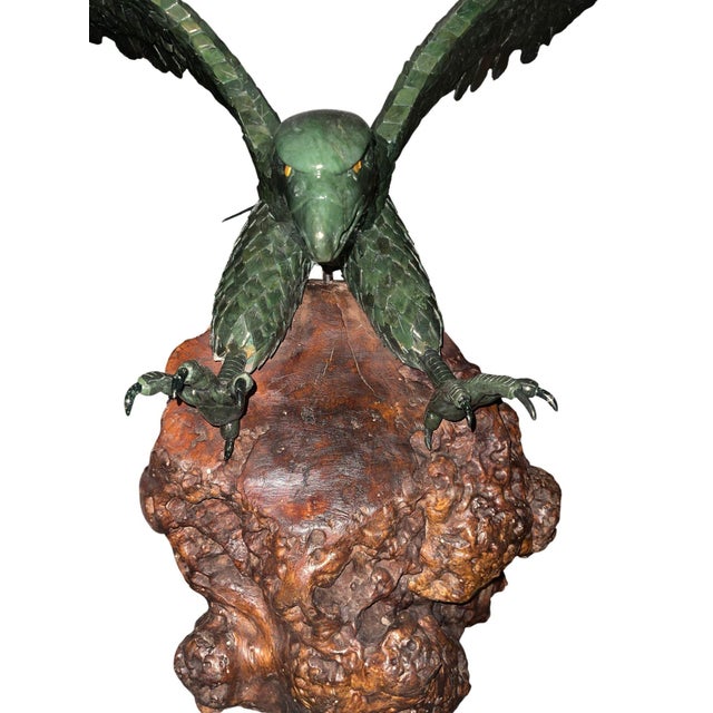 Asian Monumental 20th Century Chinese Spinach Jade Carved Eagle on Naturalistic Base For Sale - Image 3 of 11