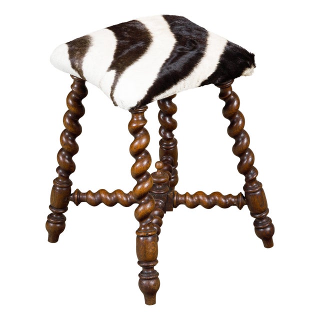 Turn of the Century Barley Twist English Stool with Zebra Hide Upholstery For Sale