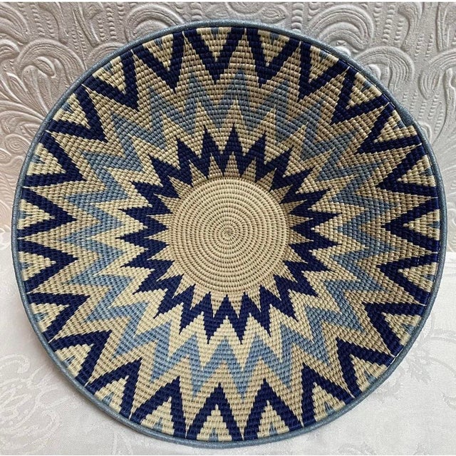 Blue 1980s Vintage Hand Woven Chevron Native American Style Tribal Basket For Sale - Image 8 of 9