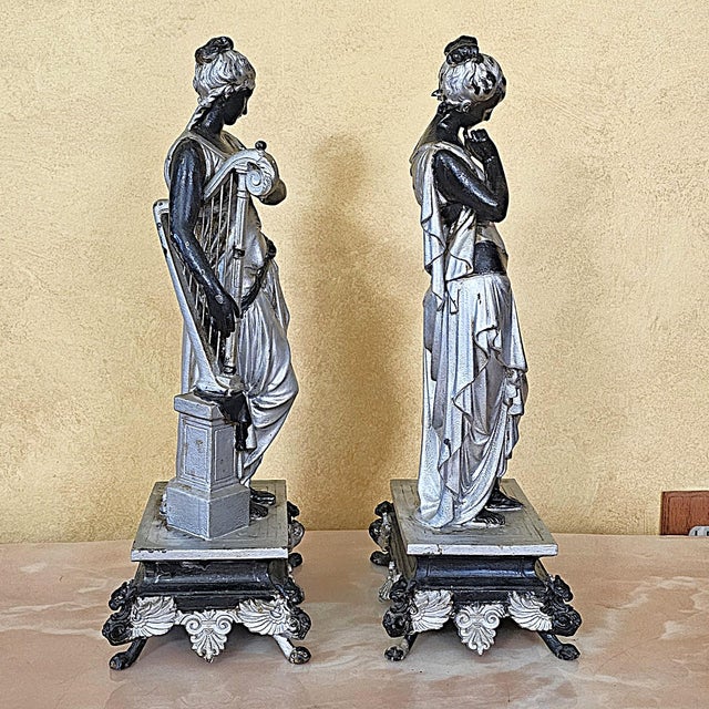 Silver 19th-Century Victorian Spelter Greek Muse & Classical Maiden Statues – Pair For Sale - Image 8 of 18