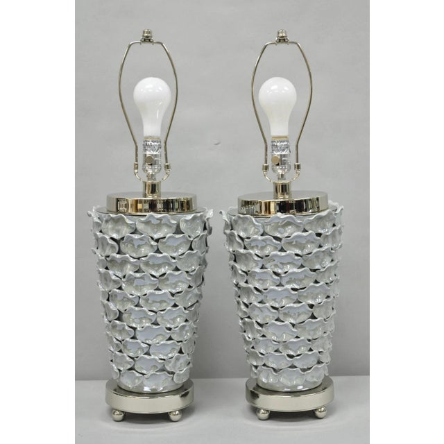 Metal Contemporary Modern Gray Porcelain Leaf Leaves Chrome Table Lamps - A Pair For Sale - Image 7 of 17