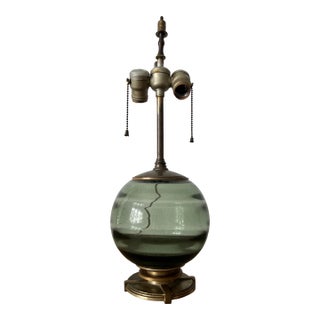 Petite 1930s Art Deco Smoke Blue-Green-Grey Art Glass Table Lamp With Patinated Metal Base For Sale