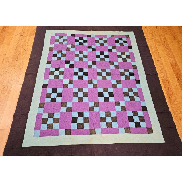 Vintage American Amish “Nine Patch” Hand-Stitched Patchwork Quilt, 67" X 80" For Sale - Image 9 of 12