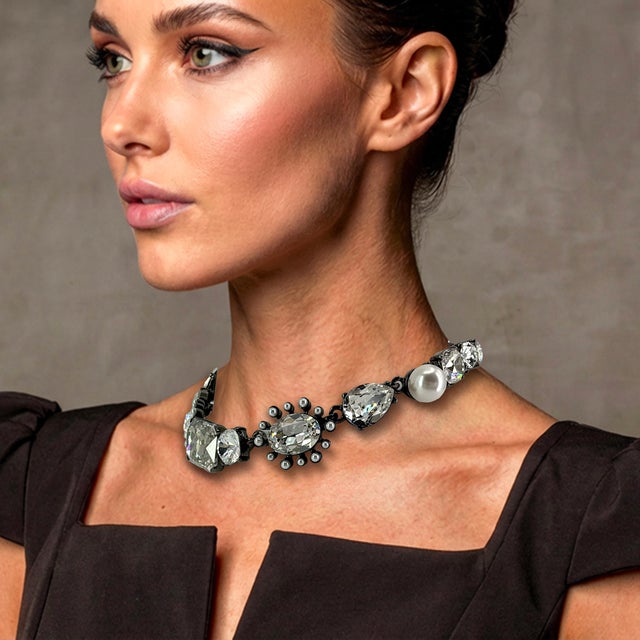 Oscar de la Renta hematite plated crystal pearl multi-stone statement necklace with adjustable length. Luxury designer...