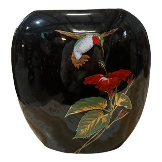 Asian Ceramic Vintage Black Thin Vase With Hummingbird Accents For Sale
