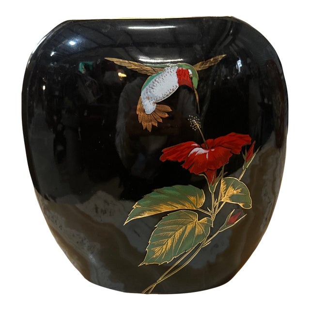 Asian Ceramic Vintage Black Thin Vase With Hummingbird Accents For Sale