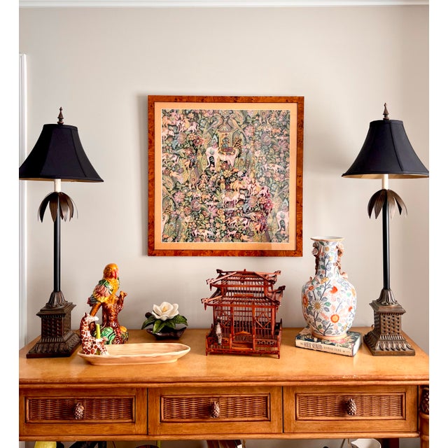 Custom framed fabric tapestry with foiled orange gold matting in a Burled wood frame. A perfect blend of French Jungalow...
