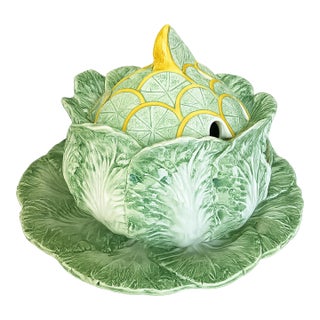 Mid 20th Century Monumental Italian Majolica Cabbage & Citrus Tureen, Trompe L’Oeil Centerpiece For Sale
