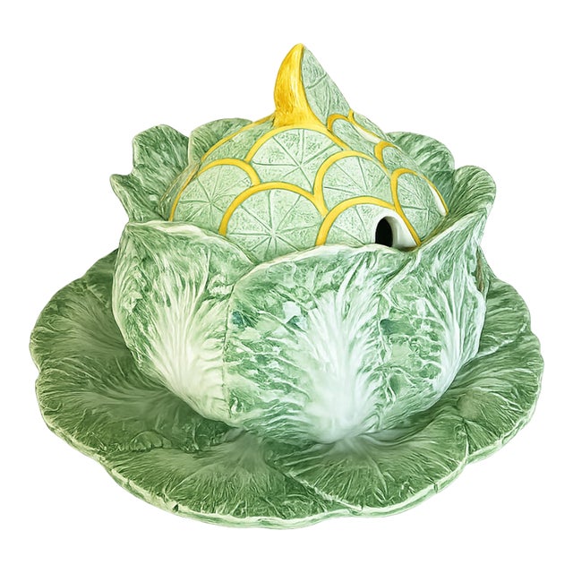 Mid 20th Century Monumental Italian Majolica Cabbage & Citrus Tureen, Trompe L’Oeil Centerpiece For Sale